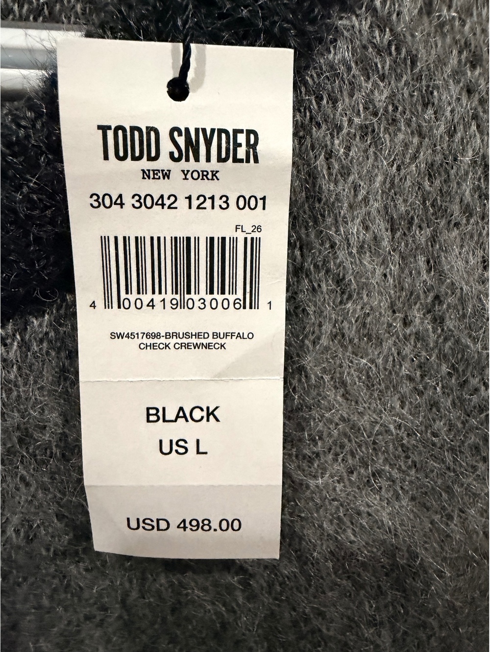 Todd Snyder Brushed Buffalo Check Crewneck Sweater, Size Large, Black and Gray - Picture 5 of 8